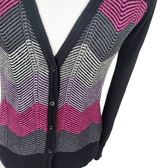 Forever 21 Chevron Print Cardigan Sweater Pink Purple Gray Black Medium - Picture 2 of 6